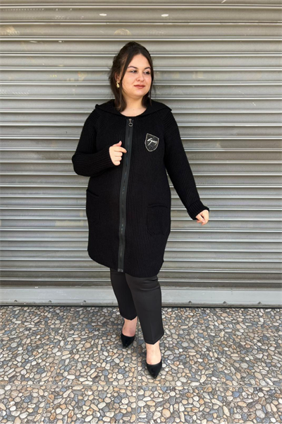 Selma Büyük Beden Rahat Kesim Cepli Kapüşonlu Hırka