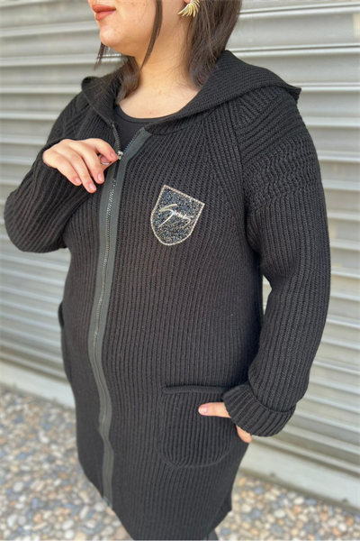 Selma Büyük Beden Rahat Kesim Cepli Kapüşonlu Hırka