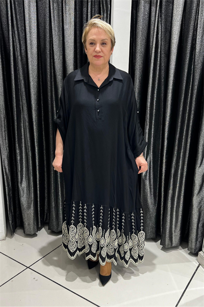 Selma Büyük Beden Rahat Kesim Nakış Detaylı Elbise
