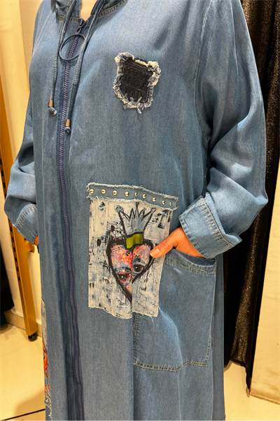 Selma Büyük Beden Rahat Kesim Patch Desenli Kapüşonlu Kap
