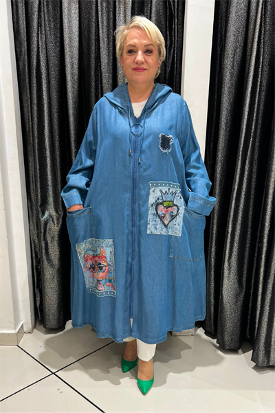 Selma Büyük Beden Rahat Kesim Patch Desenli Kapüşonlu Kap