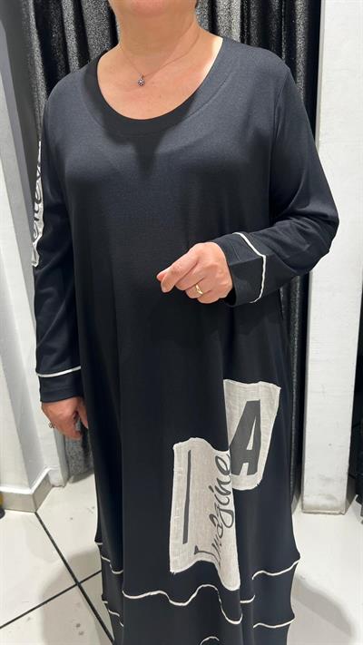 Selma Büyük Beden Rahat Kesim Yazılı Elbise