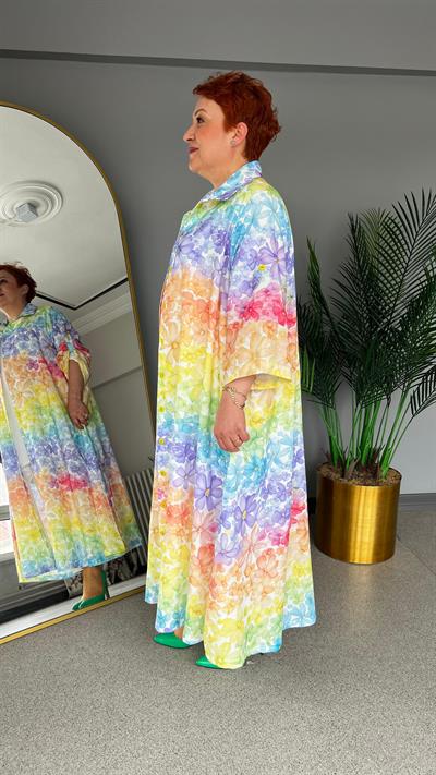 Selma Büyük Beden Renkli Çiçek Desenli Kap/Elbise