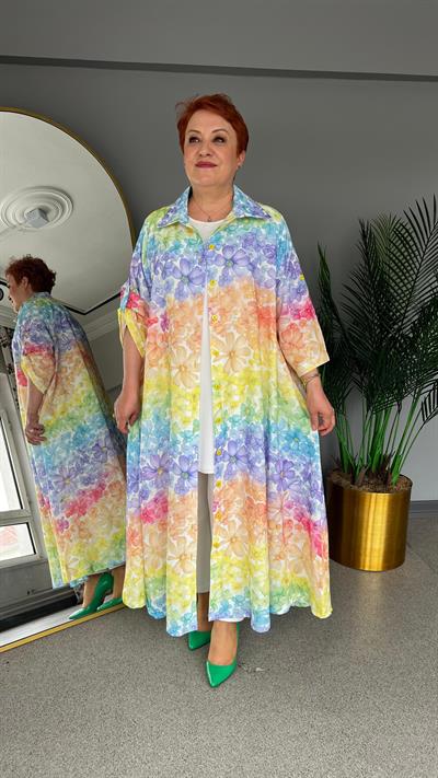 Selma Büyük Beden Renkli Çiçek Desenli Kap/Elbise