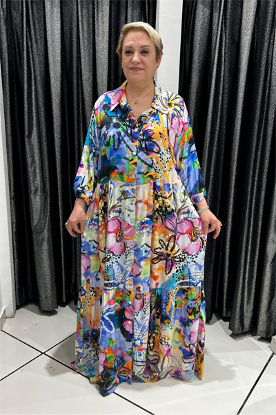 Selma Büyük Beden Renkli Çiçek Desenli Katlı Elbise