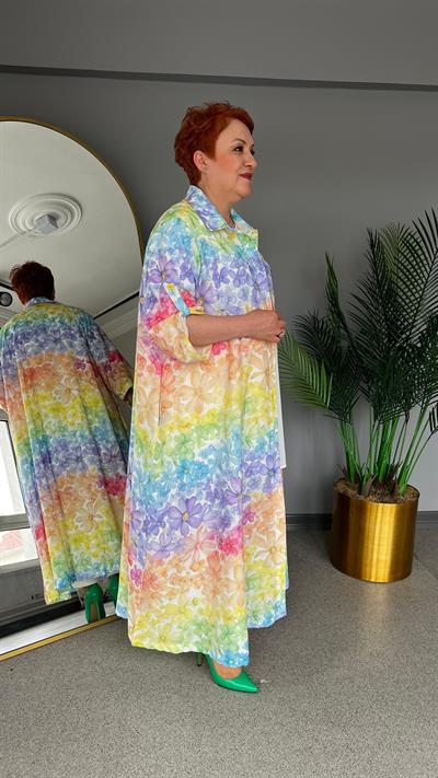 Selma Büyük Beden Renkli Çiçek Desenli Kap/Elbise