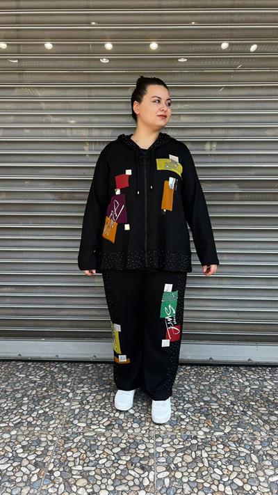 Selma Büyük Beden Renkli Desenli Rahat Kesim Takım