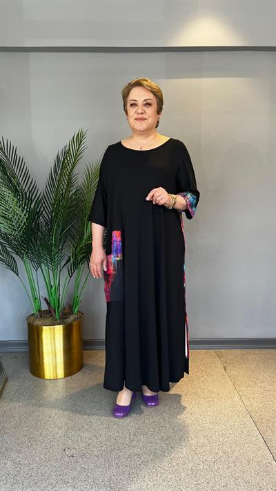 Selma Büyük Beden Renkli Desenli Viskon Elbise