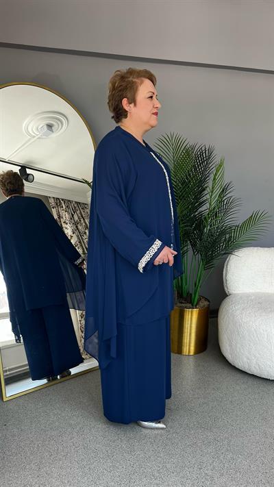 Selma Büyük Beden Sandy Şifon Taşlı Abiye Pantolonlu Takım