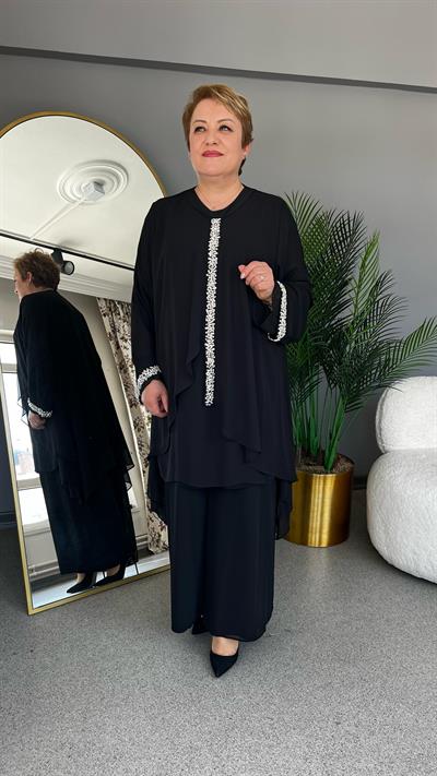 Selma Büyük Beden Sandy Şifon Taşlı Abiye Pantolonlu Takım