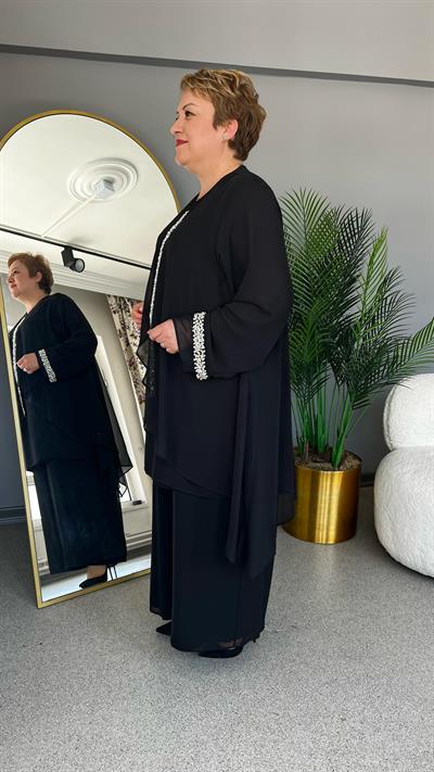 Selma Büyük Beden Sandy Şifon Taşlı Abiye Pantolonlu Takım
