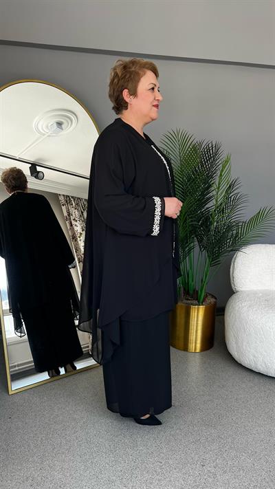 Selma Büyük Beden Sandy Şifon Taşlı Abiye Pantolonlu Takım