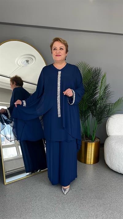 Selma Büyük Beden Sandy Şifon Taşlı Abiye Pantolonlu Takım