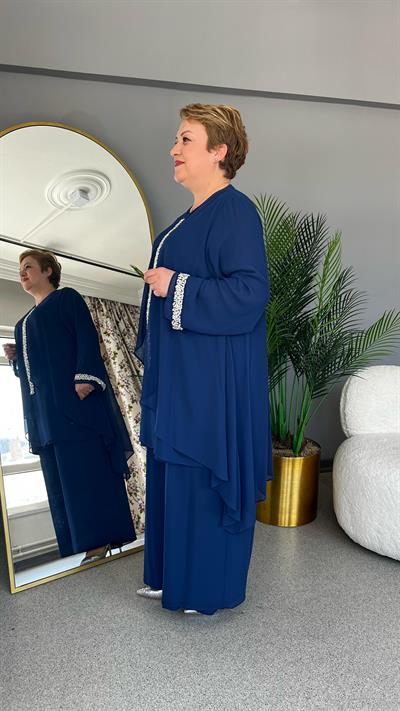 Selma Büyük Beden Sandy Şifon Taşlı Abiye Pantolonlu Takım