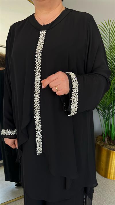 Selma Büyük Beden Sandy Şifon Taşlı Abiye Pantolonlu Takım