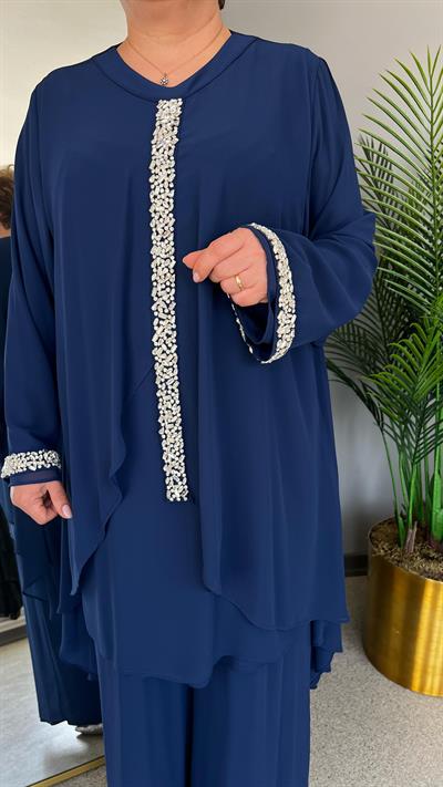 Selma Büyük Beden Sandy Şifon Taşlı Abiye Pantolonlu Takım