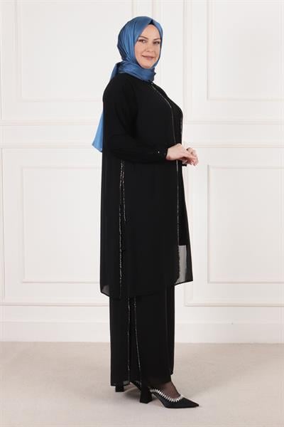 Selma Büyük Beden Sandy Şifon Taşlı Pantolonlu Takım