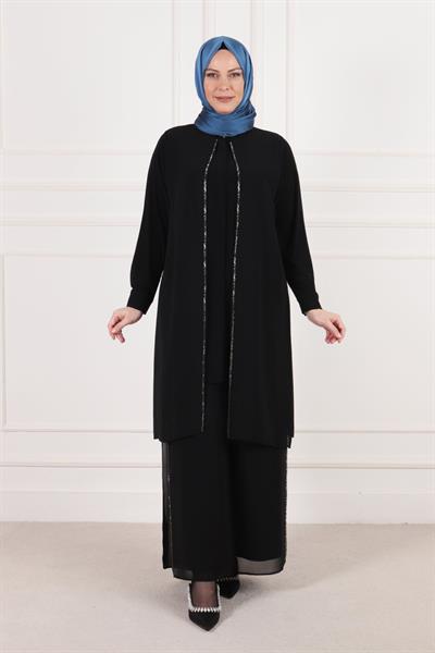 Selma Büyük Beden Sandy Şifon Taşlı Pantolonlu Takım