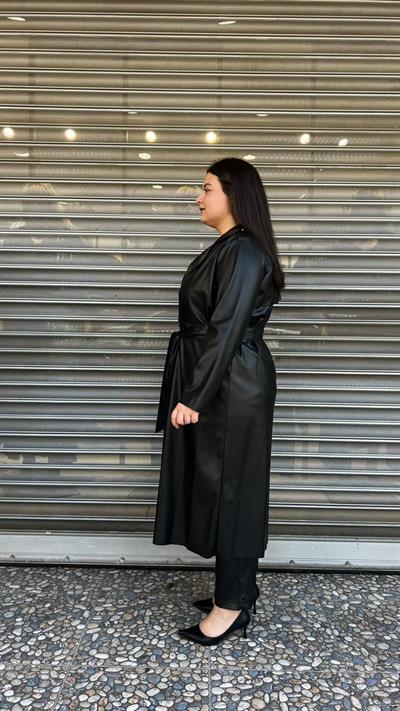 Selma Büyük Beden Şardonlu İç Dokulu Kuşaklı Deri Trenç