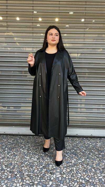 Selma Büyük Beden Şardonlu İç Dokulu Kuşaklı Deri Trenç