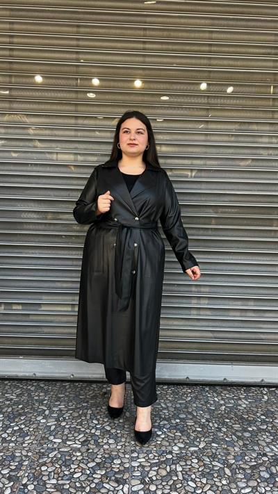 Selma Büyük Beden Şardonlu İç Dokulu Kuşaklı Deri Trenç