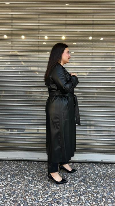 Selma Büyük Beden Şardonlu İç Dokulu Kuşaklı Deri Trenç