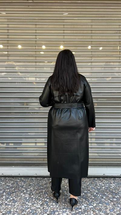 Selma Büyük Beden Şardonlu İç Dokulu Kuşaklı Deri Trenç