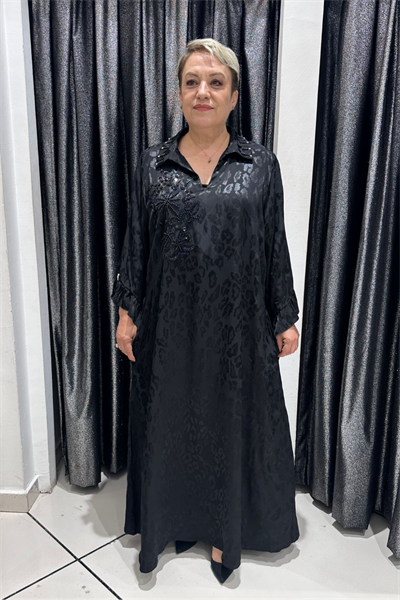 Selma Büyük Beden Saten Boncuk İşlemeli Şık Elbise