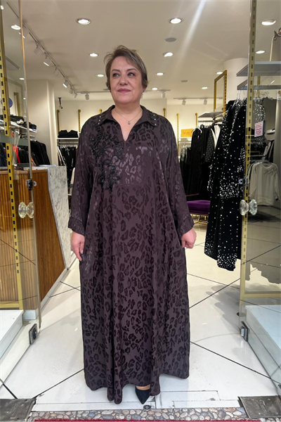 Selma Büyük Beden Saten Boncuk İşlemeli Şık Elbise