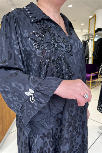 Selma Büyük Beden Saten Boncuk İşlemeli Şık Elbise