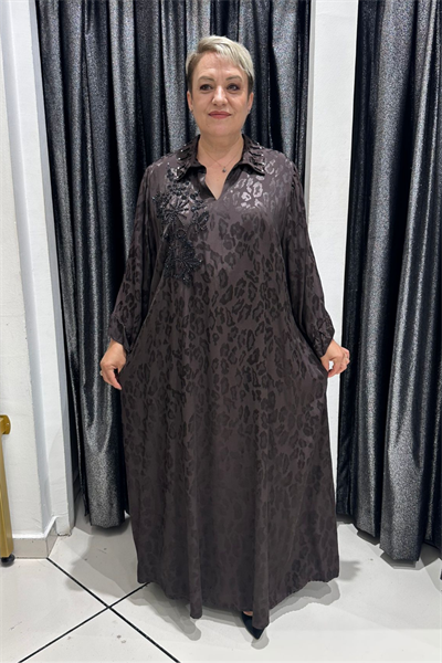 Selma Büyük Beden Saten Boncuk İşlemeli Şık Elbise