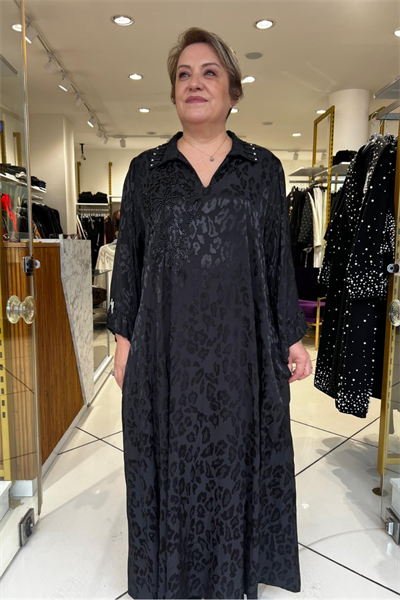 Selma Büyük Beden Saten Boncuk İşlemeli Şık Elbise