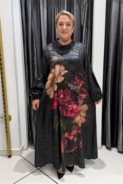 Selma Büyük Beden Saten Çiçek Desenli Uzun Elbise