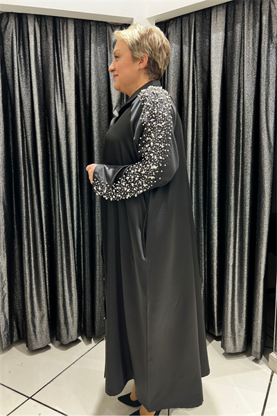 Selma Büyük Beden Saten İnci Detaylı Gömlek Elbise