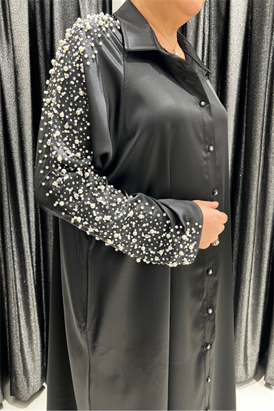 Selma Büyük Beden Saten İnci Detaylı Gömlek Elbise