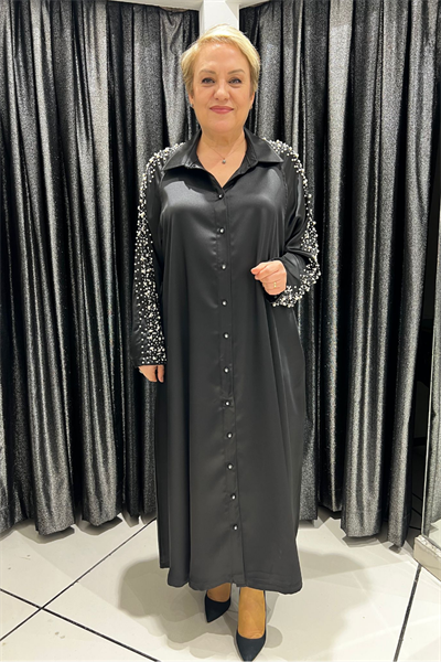 Selma Büyük Beden Saten İnci Detaylı Gömlek Elbise
