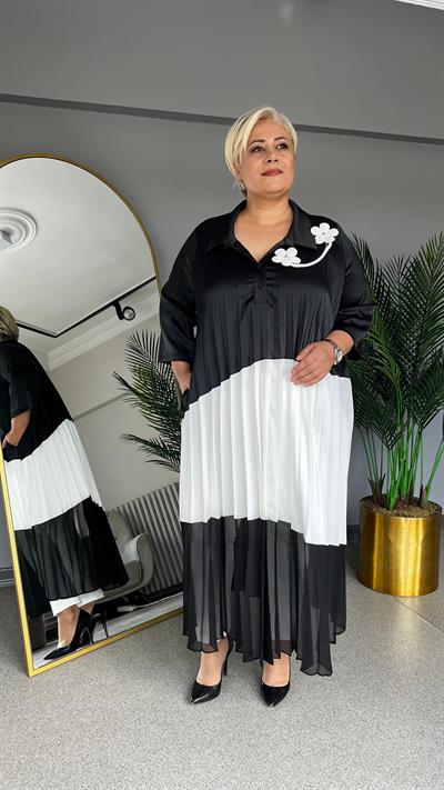 Selma Büyük Beden Saten Plise Elbise