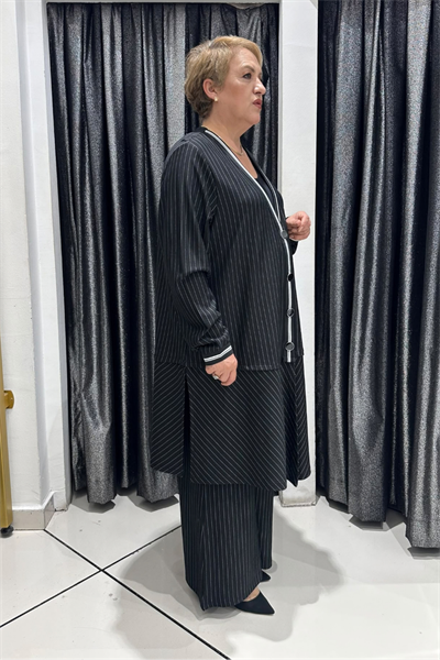 Selma Büyük Beden Şerit Detaylı Pantolonlu Takım
