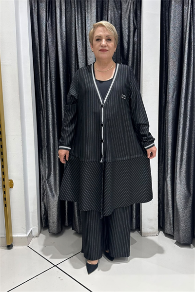 Selma Büyük Beden Şerit Detaylı Pantolonlu Takım