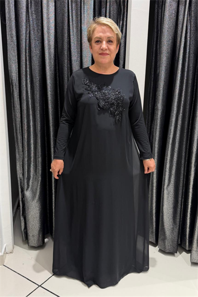Selma Büyük Beden Şifon Detaylı Uzun Elbise