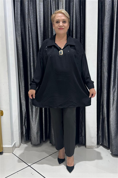 Selma Büyük Beden Şık Broşlu Taş Detaylı Yakalı Bluz