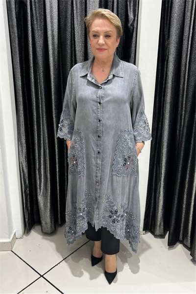 Selma Büyük Beden Şık Detaylı Kot Gömlek Elbise