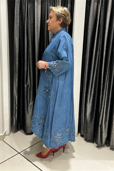Selma Büyük Beden Şık Detaylı Kot Gömlek Elbise