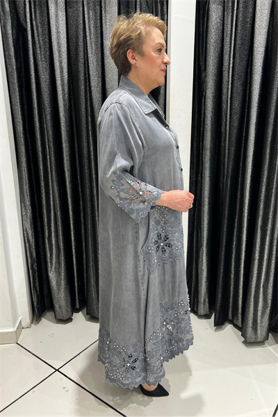 Selma Büyük Beden Şık Detaylı Kot Gömlek Elbise