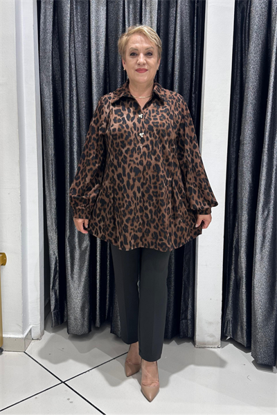 Selma Büyük Beden Şık Leopar Desenli Bluz