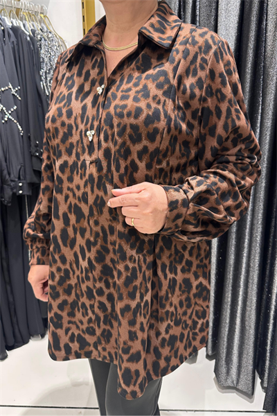 Selma Büyük Beden Şık Leopar Desenli Bluz
