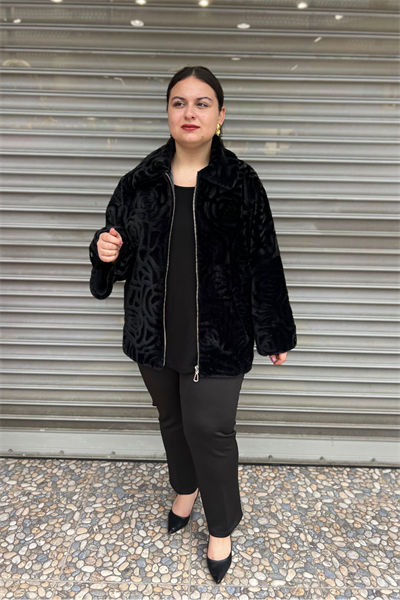 Selma Büyük Beden Siyah Astarlı Angora Kürk Mont