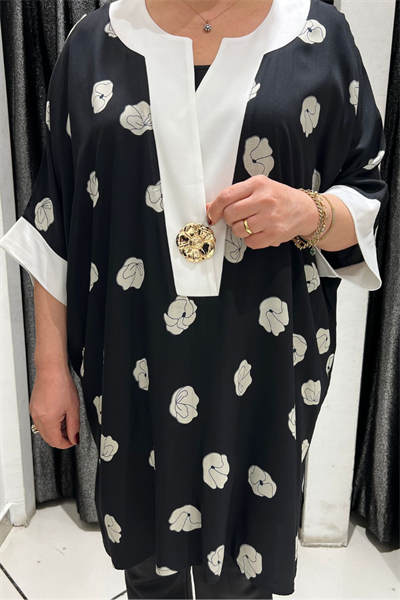 Selma Büyük Beden Siyah Beyaz Broşlu Tasarım Tunik