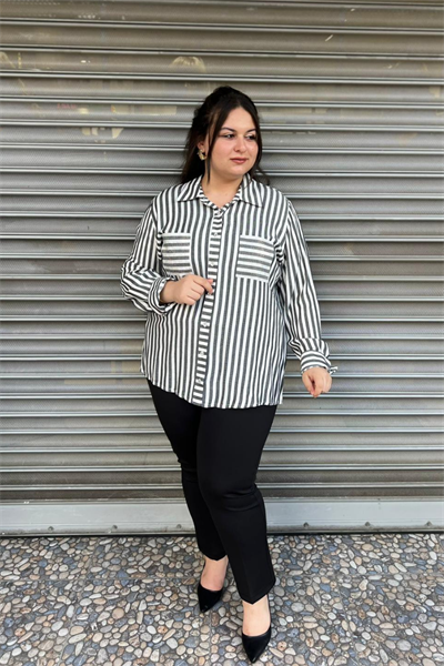 Selma Büyük Beden Siyah Beyaz Cepli Gömlek