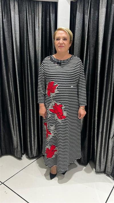 Selma Büyük Beden Siyah Beyaz Çizgili Günlük Elbise